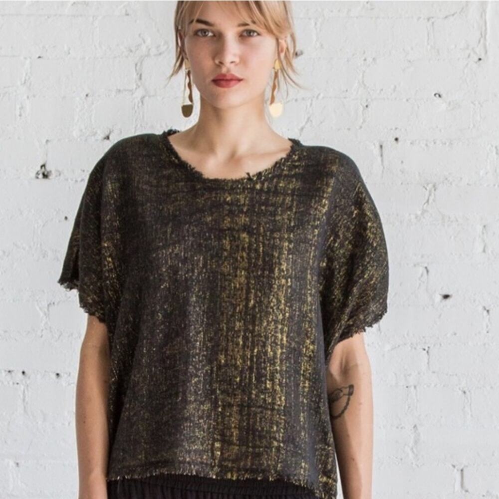 Raquel Allegra Raw Edge T-Shirt Black and Gold Size Large